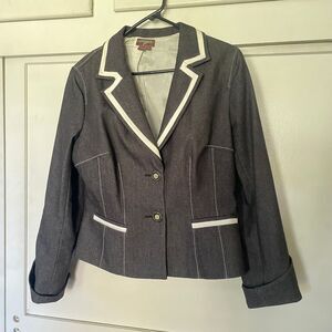 unger women's black & white denim like button blazer RARE size 14 cotton stretch